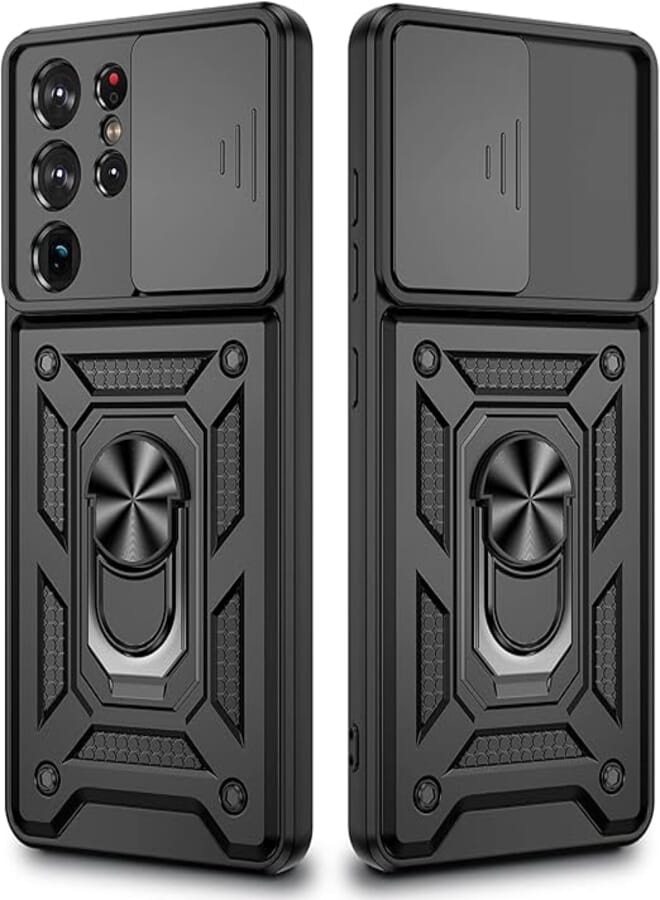 VEGO Case for Samsung Galaxy S21 Ultra 5G Black | with Slide Camera Cover, Built-in 360Ã‚° Rotate Ring Kickstand, Magnetic Cover Case, 6.8 inch